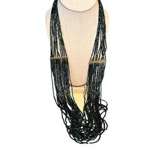 Peacock Blue Black Iridescent Bead Multi Strand Necklace Pierced Earrings Set